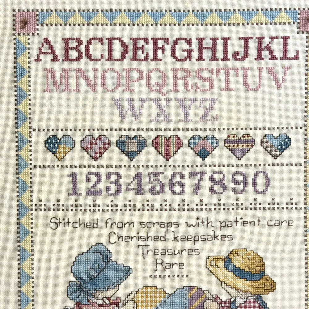 Vintage ABC Cross Stitch Sampler Custom Framed Handmade Nursery Wall Art Heart